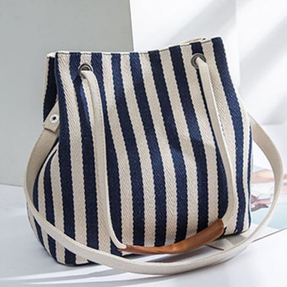 Canvas striped bucket tote bag - Picture 1 of 8